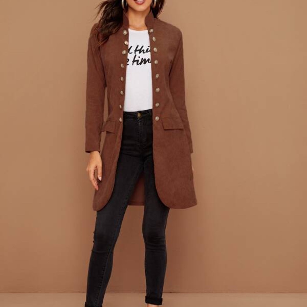 Dark Green Button Detail Open Front Corduroy Jacket Shacket - Picture 10 of 16